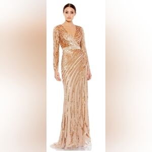Mac Duggal 5438 Long Sleeve Embellished Dress Size 4 NWT Gold Womans Gown Beaded